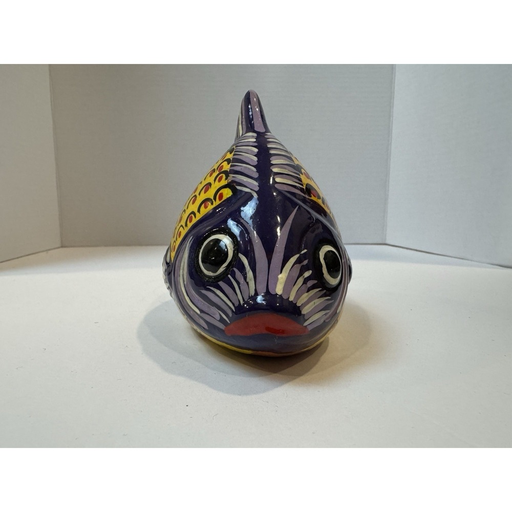 Hand-Painted Mexican Pottery Fish Talavera style Yellow Purple Handmade Folk-Art - Picture 4 of 7